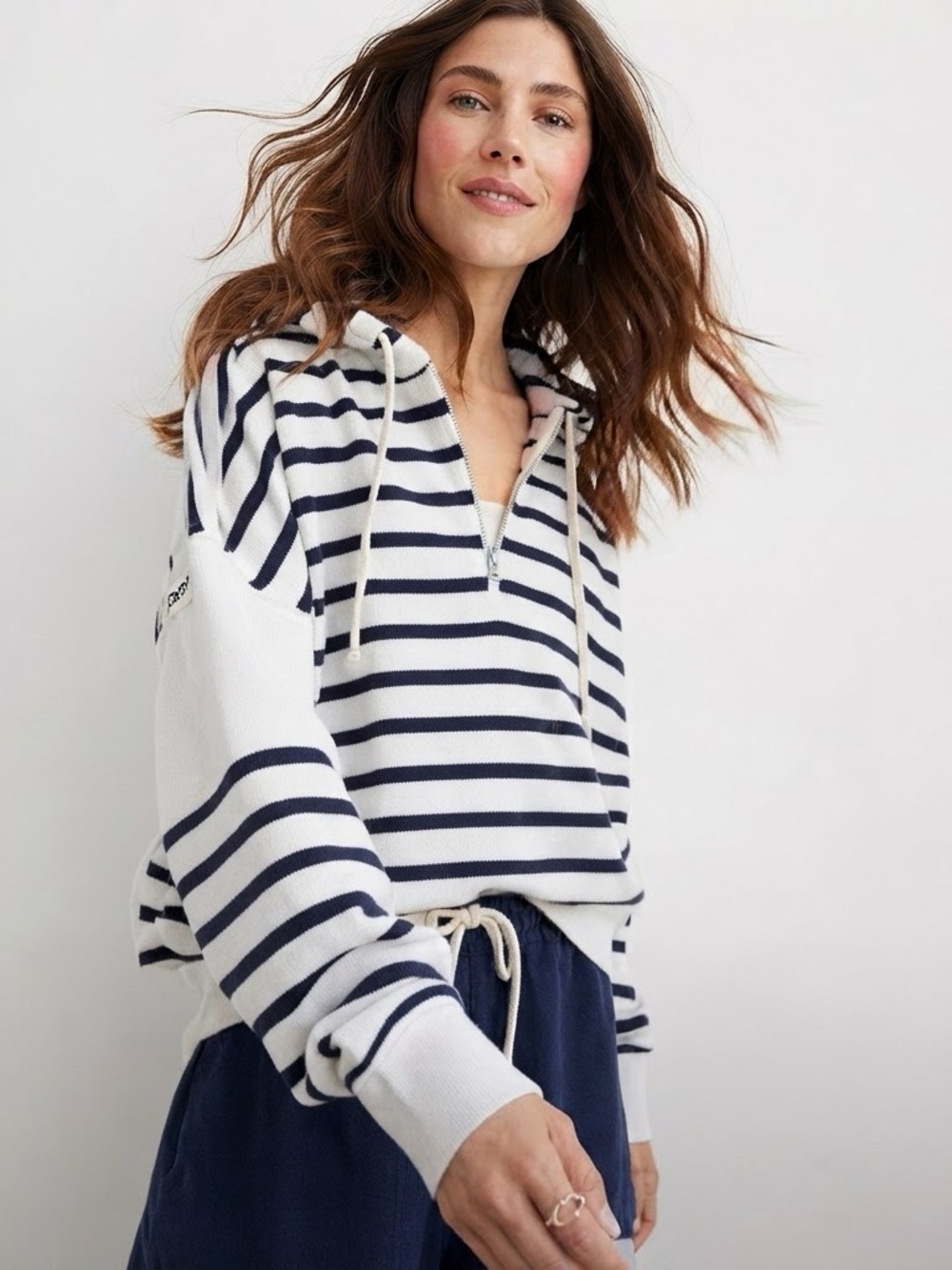 Aerie Sz L Cozy Strip Nautical Hooded 1/4 Zip Relaxed Sweatshirt Sweater